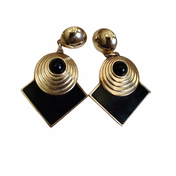 Vintage Jewelry - Black Acrylic Lucite Cabochons Gold Tone Vintage Drop Statement Earrings